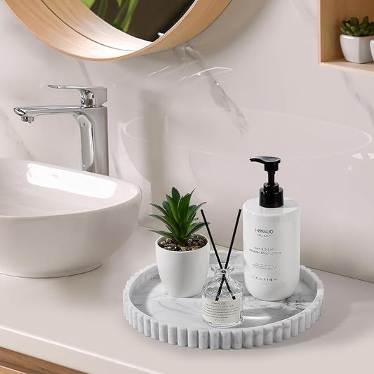 Round Bathroom Tray Silicone Kitchen Counter Decor Vanity Organizer Decorative Coffee Table Tray for Perfume, Candle, Soap Dish, 10 Inch, Marble