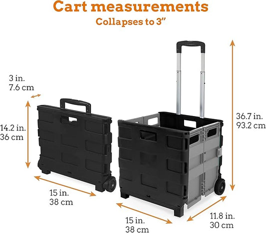 Inspired Living Ultra-Slim Rolling Collapsible Storage Pack-N-Roll Utility-carts, with Telescopic Handle, for Home, Garden, Shopping, Office, School use, Medium, Grey & Black