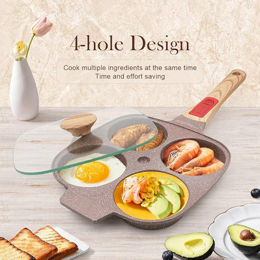Ceramic Egg Frying Pan with Lid, Nonstick 4 Cup Fried Egg Pan with Detachable Handle, Omelette Pan Induction Compatible - Brown