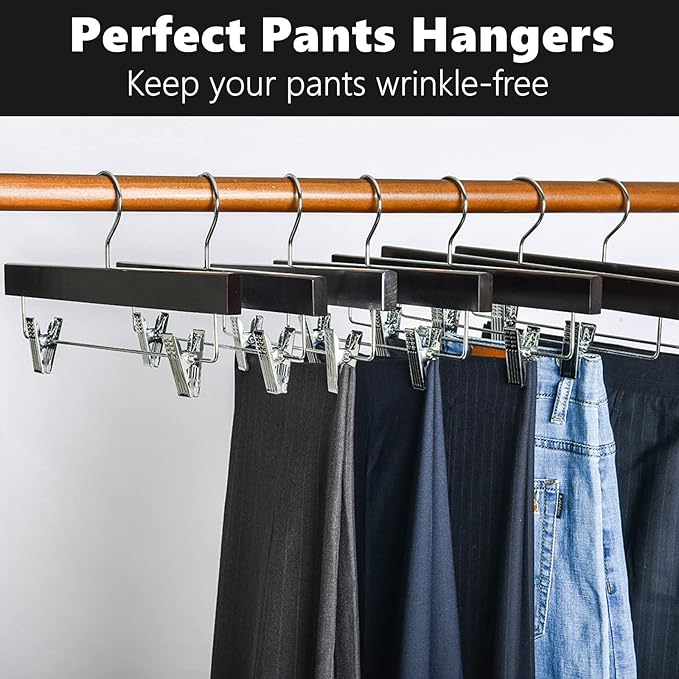 Amber Home 24 Pack Retro Wooden Pants Hangers with Clips, Walnut Wood Bottom Jeans Skirt Hanger, Clip Hanger for Trousers, Slacks, Shorts (Vintage, 24)