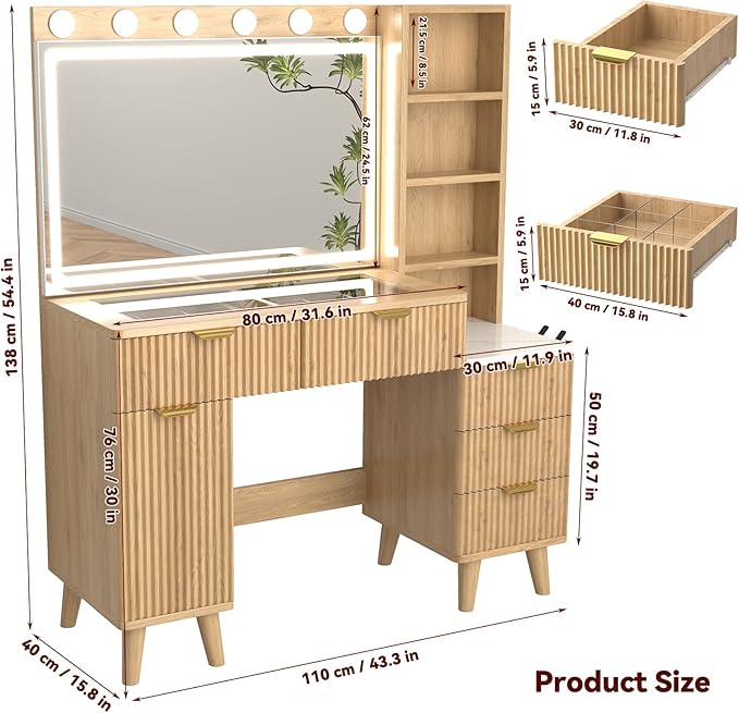 43" Fluted Makeup Vanity Desk with 32" Mirror and Lights, Modern Glass Top Large Vanity Table with 5 Drawers and 2 Storage Cabinets, Dressing Table Set with Charging Station for Bedroom-Gray