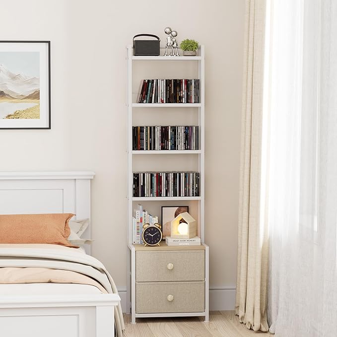 CD Storage Rack with Drawer, 5-Tier DVD Organizer Shelf w/Adjustable Book Stoppers, Media Storage Rack for CD/DVD, Books & Games, Ideal for Living Room & Home Office – 15.7x11.8x56.5Inches
