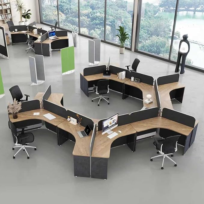 3 Person Office Cubicle Desk Workstation with Drawers & Built-in Power Outlets, Adjustable Wall Partitions, Layouts for Startups and Modern Workspaces,Black Fabric Panels