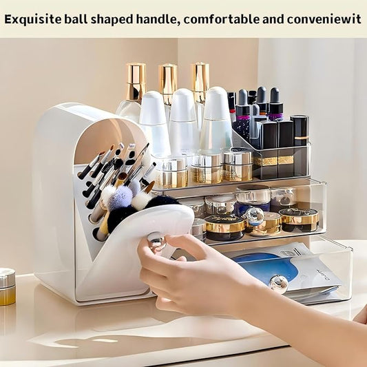 Makeup Organizer for Vanity with Covered Brush Holder,Bathroom Organizers with Drawer,Skin Care Organizer,Makeup Organizers for Vanity with Drawer,Large Makeup Storage for Dresser, White