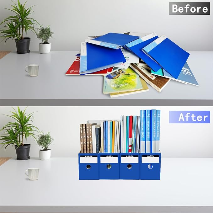 Limitliho 2 Pack Cardboard Magazine File Holder for Desktop ,Blue Book Bins for Classroom Library, Office or Home, Vertical Paper Boxes for Storage with Label(10.6" H x 10.2" L x 3.5" W in)