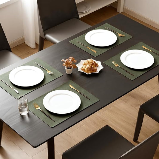 MOSAYT Vinyl Placemats Set of 8-12 X 17 Inch - Faux Leather 100% Waterproof Oil-Proof Wipeable PU Place Mats, Heat Resistant Reversible Table Mats for Kitchen, Dining, Outdoor (Olive Green)