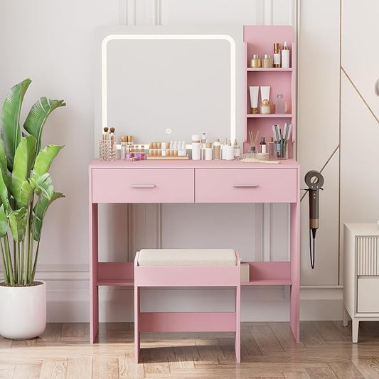 Makeup Vanity with Lighted Mirror & Electrical Outlet - 2 Shelves, 2 Drawers, Bottom Storage - Comes with Upholstered Stool (Pink)