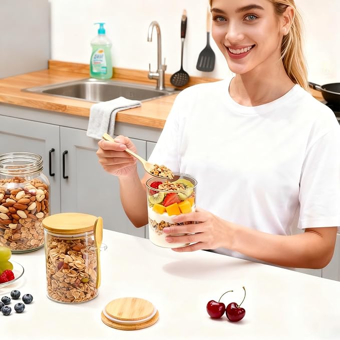 Overnight Oats Jars, Overnight Oats Container with Lid and Spoon, 2 Pack Glass Jars with Bamboo Lids for Cereal, Yogurt, Chia Pudding
