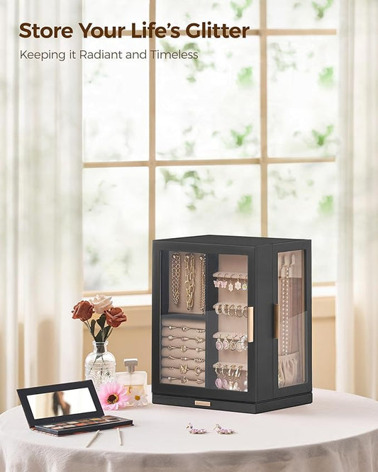 Glimmloop 360° Rotating Jewelry Box with 5 Drawers, Spacious Vertical Jewelry Organizer with Glass Window, Jewelry Storage Case, Dustproof & Moisture-resistant Design, Black