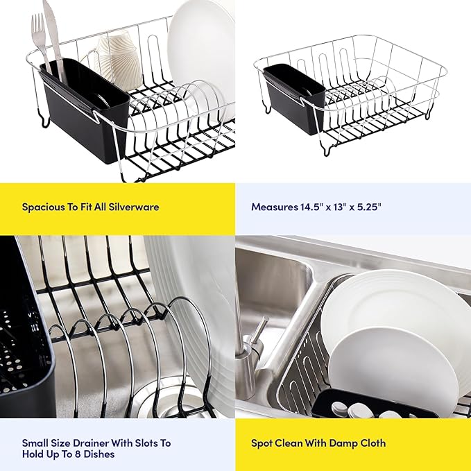 Sweet Home Collection 2 Piece Dish Drying Rack Set Drainer with Utensil Holder Simple Easy to Use Fits in Most Sinks, 14.5" x 13" x 5.25", Black (Pack of 12)