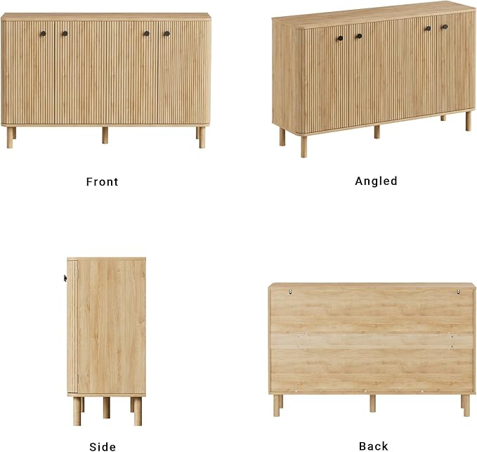 Fluted Sideboard Cabinet, Modern Buffet Cabinet, Storage Cabinet with Adjustable Shelves & Solid Wood Legs, Accent Credenza Sideboard for Kitchen, Coffee Bar, Living Room, Entryway, Hallway