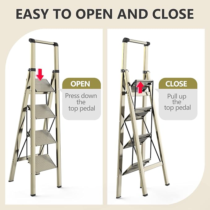 WOA WOA 4 Step Ladder, Ladders for Home, Anti-Slip Pedals, Aluminum Step Stool Foldable, Lightweight to Move, Ease of Storage, Reach 9ft for Closet Kitchen Library, Hold 300lbs - Gold