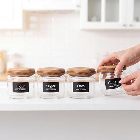 4-Pack 10 fl oz Wide Mouth Mason Jars with Spoon & Labels, Acacia Wood Lids, Press Seal, No Plastic, for Food, Snacks, Candy, Fruits, Coffee Beans, Spices & Dry Storage, Pantry Organizer.