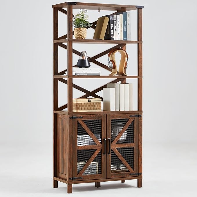 5 Tier Bookshelf 70" Tall Bookcase with Barn Doors,Large Farmhouse Display Book Shelf with Adjustable Shelves and Storage Cabinet,Library Wood Bookshelves for Living Room,Kitchen,Brown(3PCS)