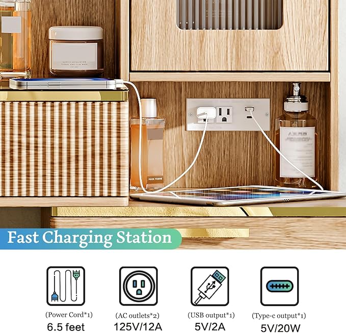 Vanity Desk with 29.53" HD Lighted Mirror, 47.24" Big Modern Vanity Desk with Mirror and Lights, Makeup Vanity with 5 Drawers and Storage Shelves and Charging Station, Oak2