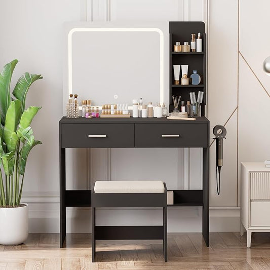 Makeup Vanity with Lighted Mirror & Electrical Outlet - 2 Shelves, 2 Drawers, Bottom Storage - Comes with Upholstered Stool (Black)