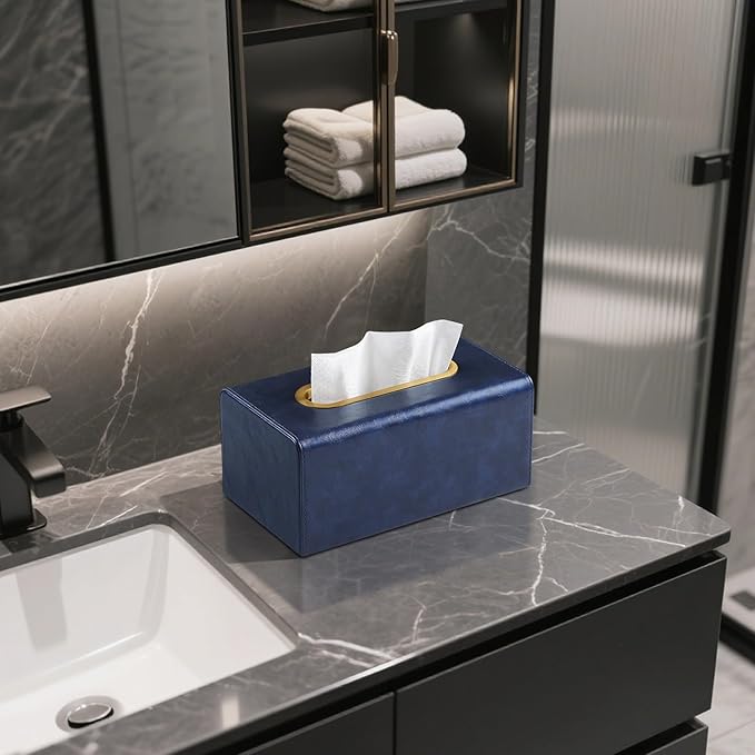 Rectangle Tissue Box Cover for 120-160 Count Box of Tissues, Luxury PU Leather Tissue Holder with Magnetic Closure (Dark Blue)