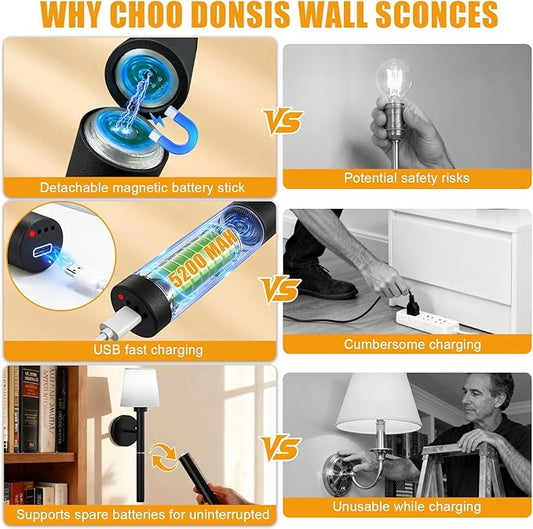 Rechargeable Wall Sconce Set of 2, Black Battery Operated Wall Sconce with Magnetic Rechargeable 5200mAh Battery Stick Dimmable and Remote, 3 Colors Wireless Lighting for Bedroom Hallway