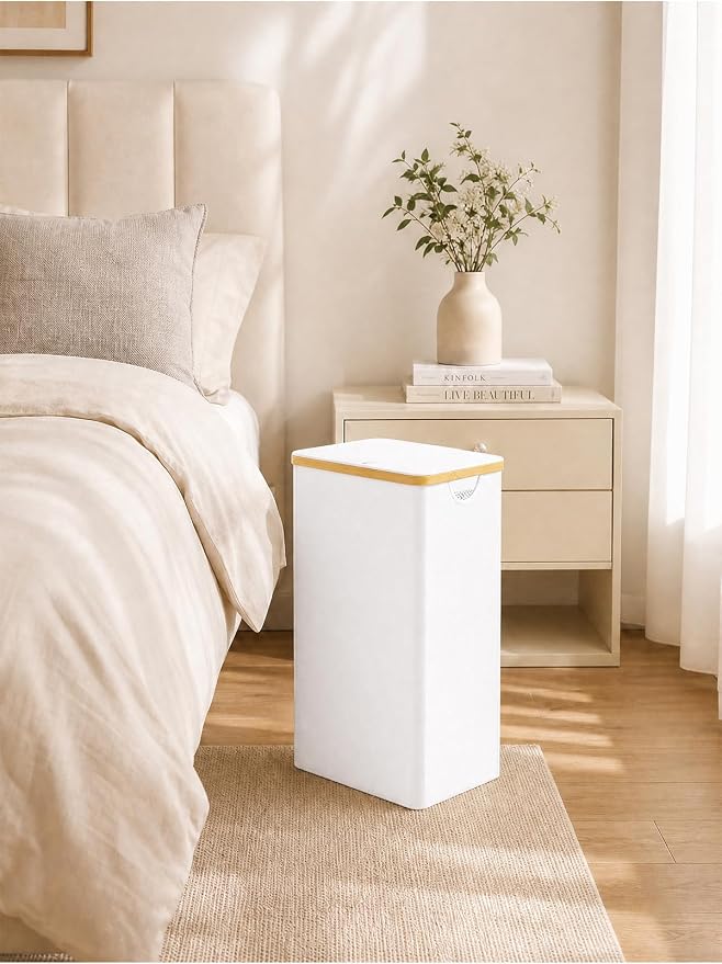 iEGrow 110L Laundry Hamper with Lid,Dirty Clothes Hampers for Laundry,Laundry Basket with Bamboo Handles and Removable Bag,Hamper for Bedroom, Bathroom, Dorm, Laundry Room, White