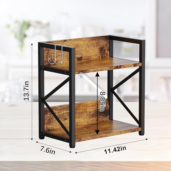 Spice-Rack-Organizer-Shelf for Kitchen Counter, 2 Tiers Coffee Bar Station Organizer for Countertop,Space Saving Desk Shelving Riser Unit (Rustic Brown, Small)