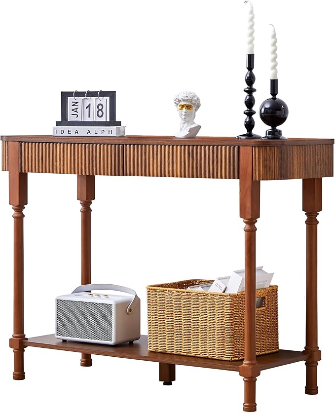 Fluted Console Table for Entryway, 43.3'' Narrow Entryway Tables with 2 Wooden Drawers, Retro Sofa Table Behind Couch Accent Tables for Foyer, Living Room, Hallway (Walnut)