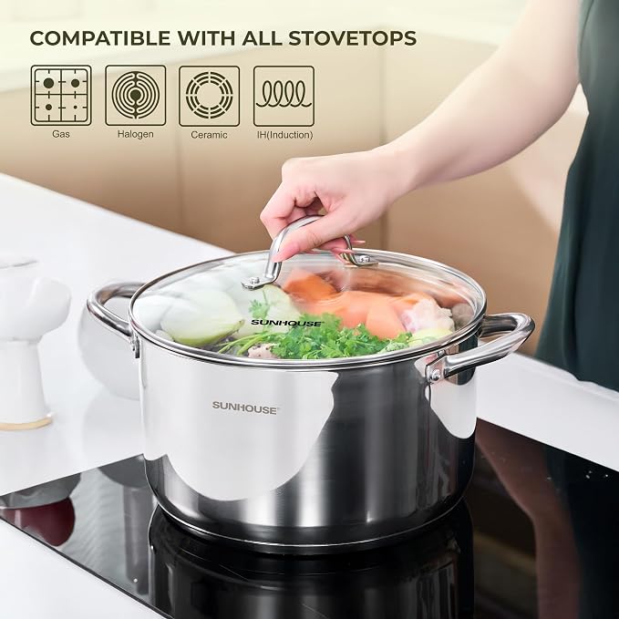 Sunhouse Stock Pot with Lid - 12 QT Large Pot for Cooking Pasta, Soup, Spaghetti - Impact Bonding Base Big Stainless Steel Pots for Canning, Boiling - Oven Safe & Induction Compatible Cookware