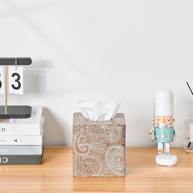 Vintage Wood Carved Square Tissue Box Cover Decorative,Napkin Dispenser,Facial Paper Holder for Bathroom Vanity Countertop,Bedroom Dresser,Night Stand, Desk, Office and End Table,Boho Flowers
