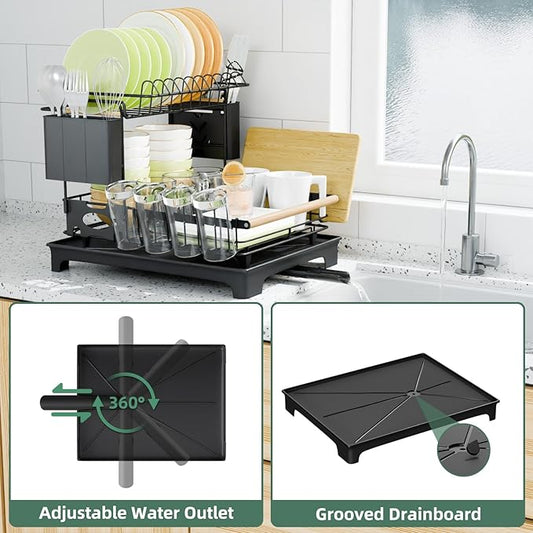 2 Tier Dish Drying Rack, Drying Rack with Automatic Drainboard, Dish Racks for Kitchen Counter, Rustproof Dish Drainer with Removable Utensil Holder, Cups Holder, Black