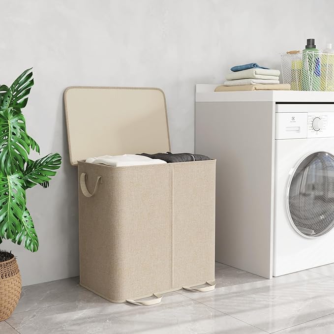 Lifewit Double Laundry Hamper with Lid and Removable Laundry Bags, Large Collapsible 2 Dividers Dirty Clothes Basket with Handles for Bedroom Laundry Room Closet Bathroom College, 136L Beige