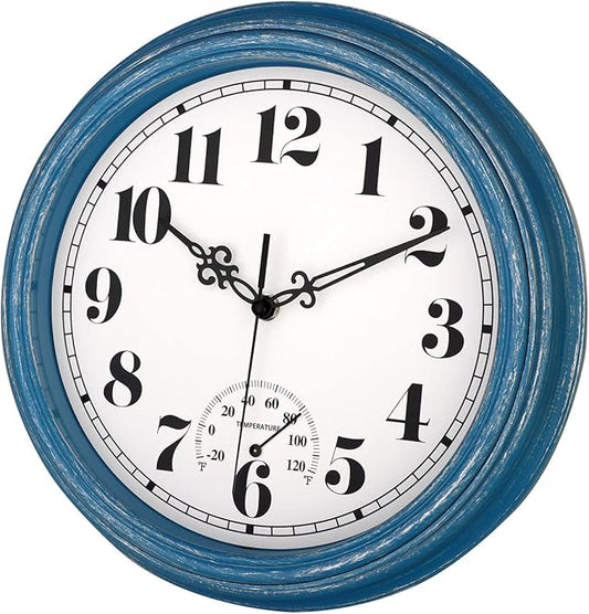 zyzamay 12 Inch Indoor Outdoor Clocks,Waterproof Wall Clock with Thermometer,Easy to Read,Non-Ticking Battery Operated Quality Quartz Clock, Decorative for Patio,Porch,Pool,Bathroom,Deck(Blue)