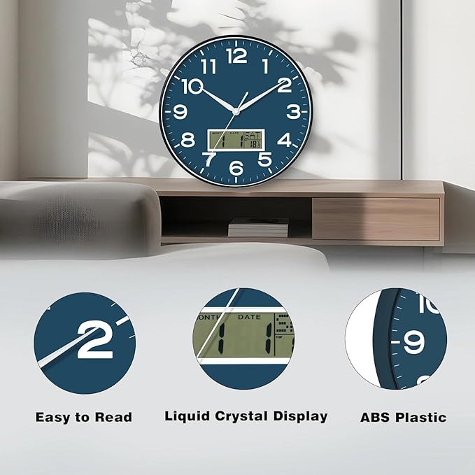 AKCISOT Wall Clock 12 Inch, Non-Ticking Silent Battery Operated Analog with LCD Display for Perpetual Calendar and Temperature, Ideal Modern Decor for Home, Bedroom, Kitchen, Office (Blue)