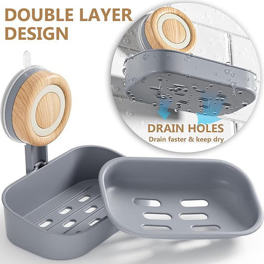 Double Layer Soap Dish for Shower 2 Pack, Wall Mounted Bar Soap Holder Suction Cup 2 Layer Self Draining Soap Case Sponge Holder for Shower Bathroom, Tub and Kitchen Sink, Grey