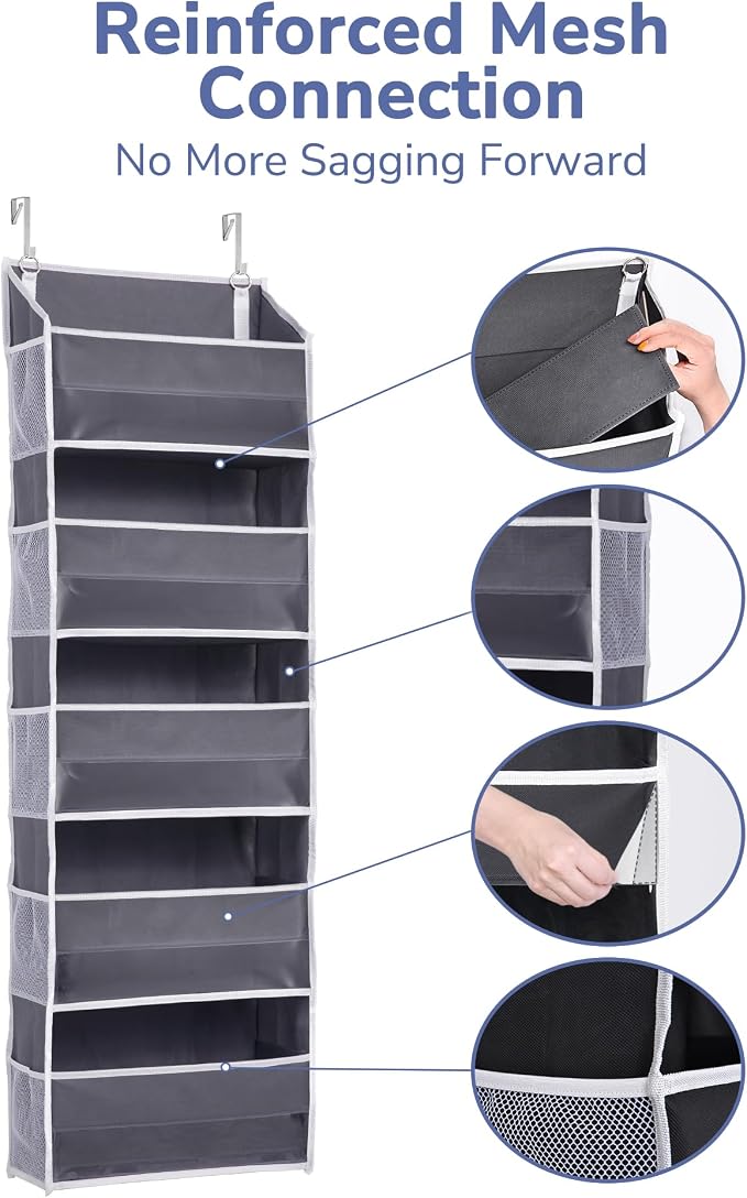 ULG 1 Pack Over Door Organizer with 5 Large and 10 Mesh Side Pockets, 44 lbs Weight Capacity Hanging Storage with Clear Window Kids Toys, Shoes, Diapers, Dark Grey, 5 Layers