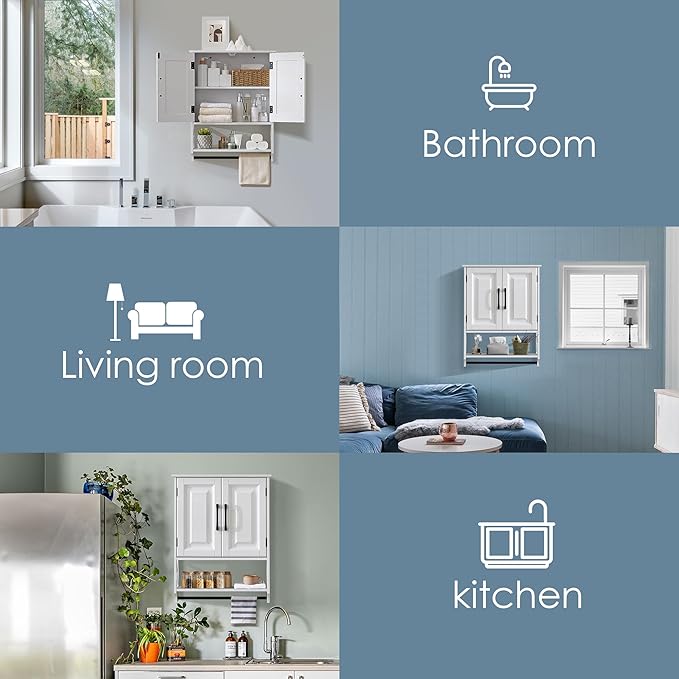 Wall Mounted Bathroom Cabinet, Farmhouse Medicine Cabinet with 2 Elegant Raised Panel Cabinet Doors, with Adjustable Shelf & Towel Bar โ Over Toilet Storage Organizer for Small Spaces, White