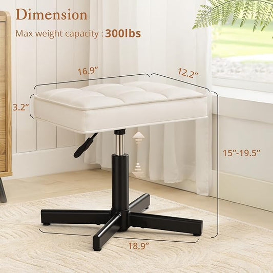 LUE BONA Adjustable Vanity Stool, 15''-19.5'' Foot Rest Under Desk, 360° Swivel Vanity Chair for Makeup Room, Cream Upholstered Faux Leather Ottoman for Bathroom & Living Room, 300lbs