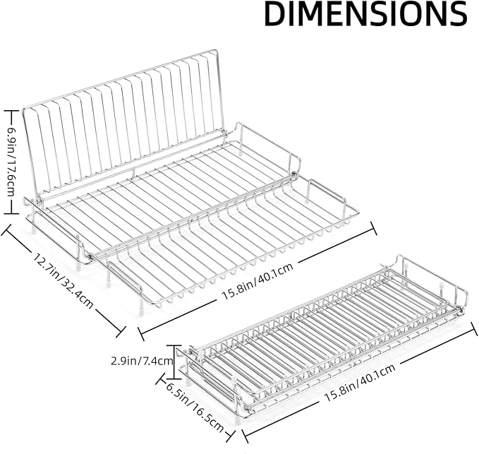 Collapsible Dish Drying Rack with Green Drying Mat, Small Expandable Dish Drying Rack, Compact Dishes Drying Rack for Kitchen Counter - Foldable, Stainless Steel, Silver