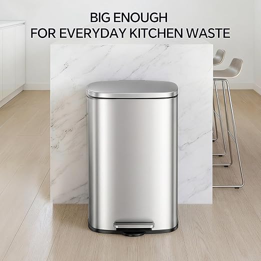 13 Gallon Trash Can (50L) and 1.6 Gallon (6L) Kitchen Trash Can Combo Set, Stainless Steel Garbage Can with Lid and Step-on Pedal, Soft Close Waste Bin with Inner Bucket for Home & Office