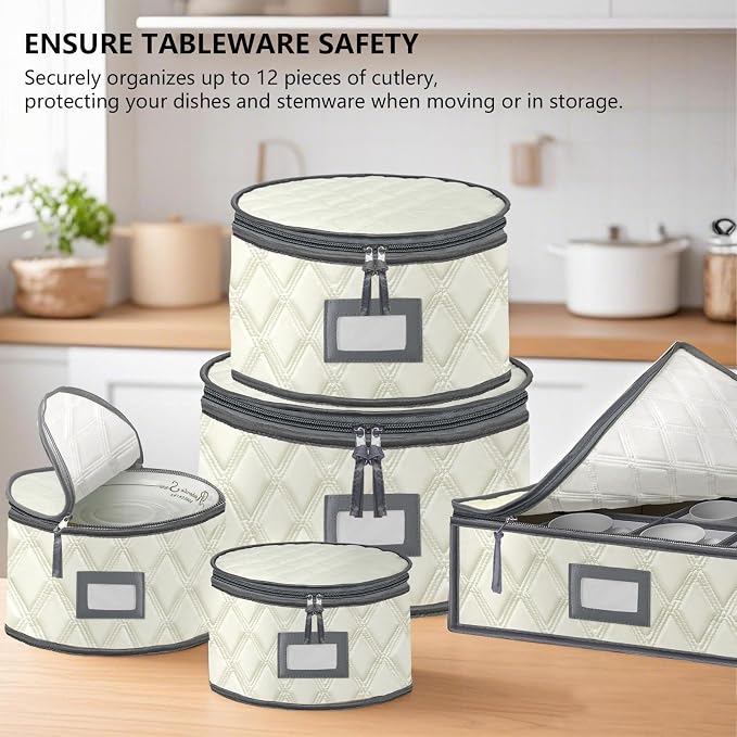 5 Pack China Storage Containers Set (Beige) - Sturdy Quilted Wine Glass & Dish Storage with Dividers - Compact Size