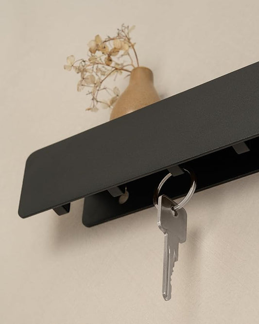 Kazai. Key Holder for Wall 'Kian' | Minimalist Key Rack Design from Berlin | Modern Metal Wall Key Hooks with Shelf | Mail and Key Holder for Entryway | Black