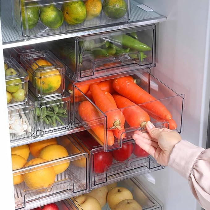 bealy 2 Pack Stackable Clear Storage Drawer,Clear Refrigerator Organizers and Storage Drawer, Pull Out Drawer for Fridge Kitchen Bathroom Cabinet Closet Office Organizer