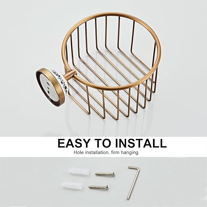 Bathroom Storage, NEWRAIN Wall Mounted Toilet Roll Holder Basket, Antique Brass Toilet Paper Storage Rack, Vintage Bathroom Organizers