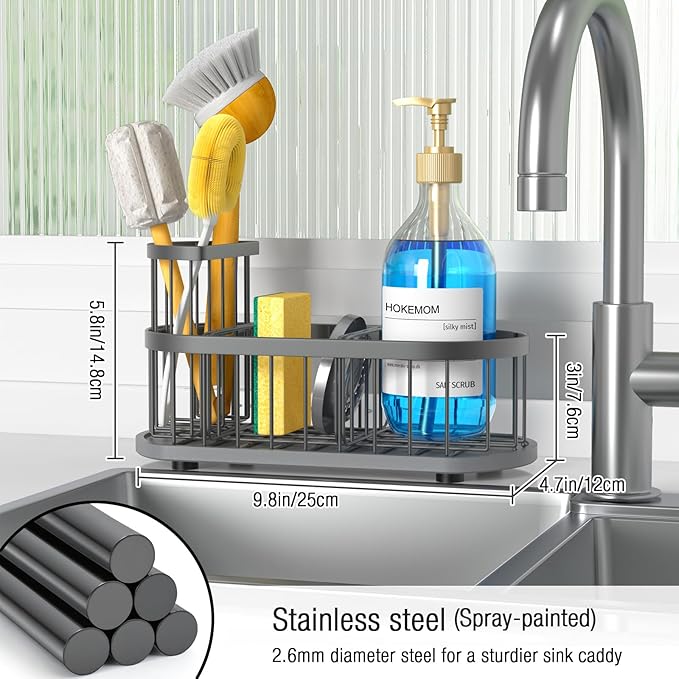 HOKEMOM Grey Sponge Holder for Kitchen Sink,Sink caddy organizer - 2.6mm Thick 304 Stainless Steel Caddy with Rust-Proof Coating, Non-Slip No-Drain Base. Dimensions: 9.84" x 4.72" x 5.83"