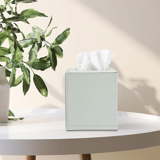 Sumnacon Tissue Box Cover Square Tissue Box Stylish PU Tissue Box Holder with Magnetic Bottom, Leather Cube Tissue Cover for Living Room Bathroom Bedroom Table Desk Home Office Car, Light Green