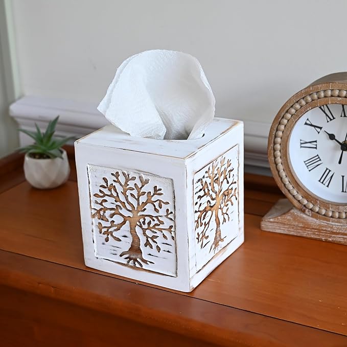 SwallowLiving Wooden Tissue Box Cover Square - Weighted Farmhouse Facial Tissue Holder with Sliding Bottom - Distressed White Tree of Life Dispenser for Bathroom Vanity, Bedroom & Living Room Decor