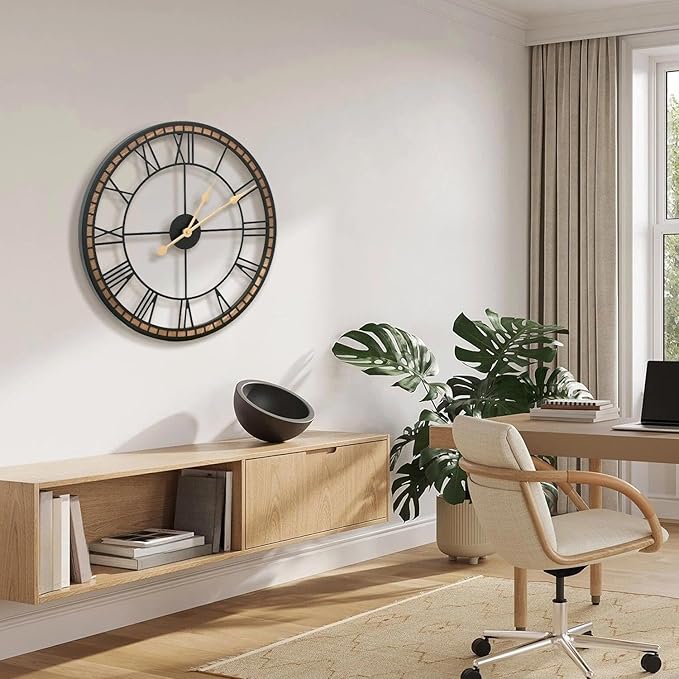 Micasso Non-Ticking Large Wall Clock : 20inch Modern Metal Black with Solid Wood Frame Silent Clock for Living Room/Bedroom/Kitchen - Home Decor for Fashion-Conscious (Style 2, 20-Inch)