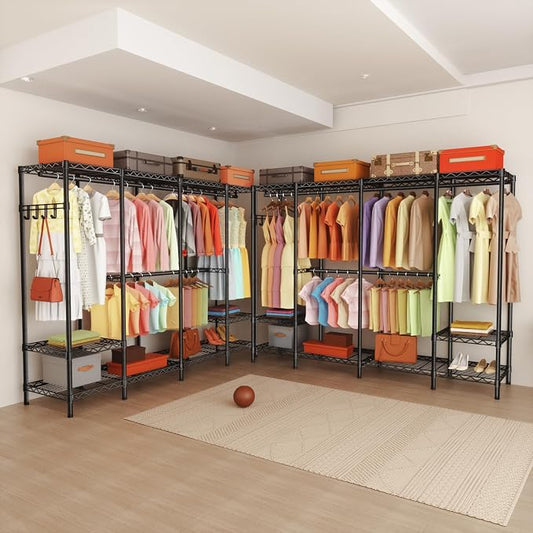 Golpart Heavy Duty Garment Rack Clothes Rack,Large Metal Closet Organizer System Storage Wardrobe,Freestanding Clothing Rack with Adjustable Wire Shelves& Hang Rods,MaxLoad 1000lbs