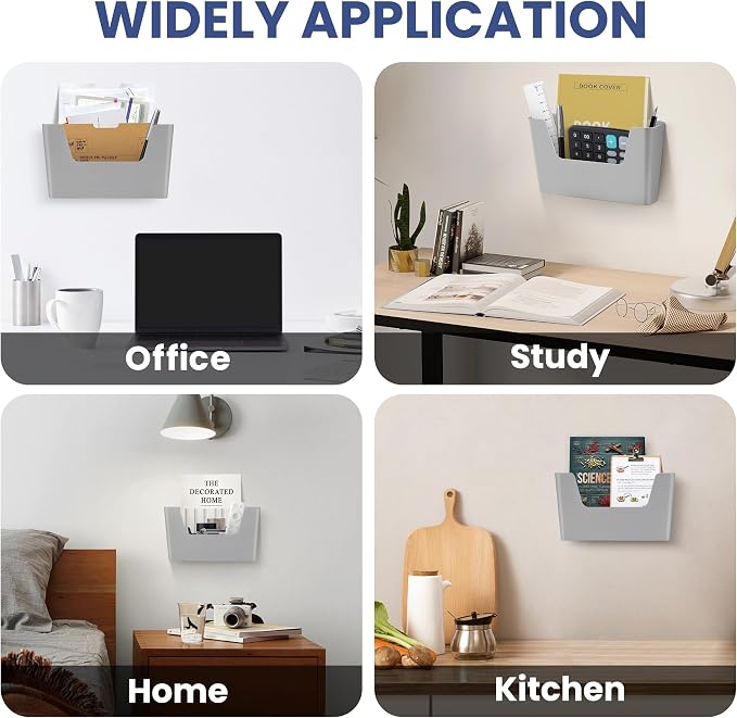 JOMOLA No Drilling File Holder 2 Pack Mail Organizer Wall Mount File Organizer Holder Office Wall Hanging Files Magazines Organizer Plastic Door Mount Wall Pocket with Adhesive Pad, Grey Color