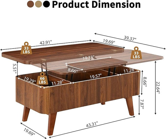 3 in 1 Lift Top Coffee Table, Fluted Convertible Coffee Tables Converts to Dining Tables, Modern Oval Wooden Center Table with Storage for Living Room Office Small Space, Partial Assembly (Walnut)
