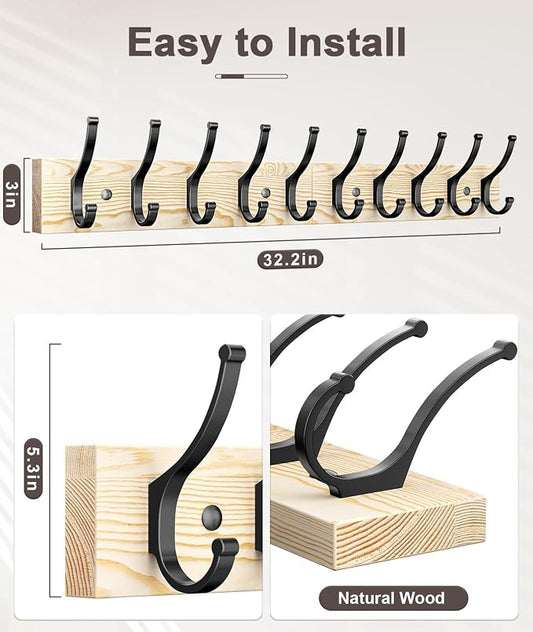 Optish 2 Pack Wooden Coat Rack Wall Mount, 16.1" Rustic Coat Hanger Hooks with 10 Double Hooks, Wall Coat Rack for Hat, Clothes, Bags, Jacket, Natural Wood