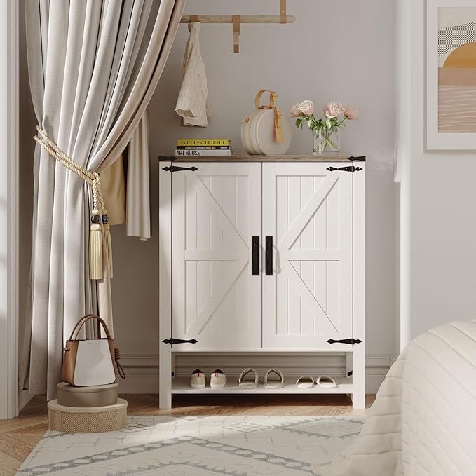 Maupvit 6-Tier Shoe Cabinet with Doors, Farmhouse Shoe Storage Cabinet with Adjustable Shelves, Shoe Shelf, Wooden Shoe Rack Organizer Cabinet for Entryway, Foyer, Hallway, Living Room, White
